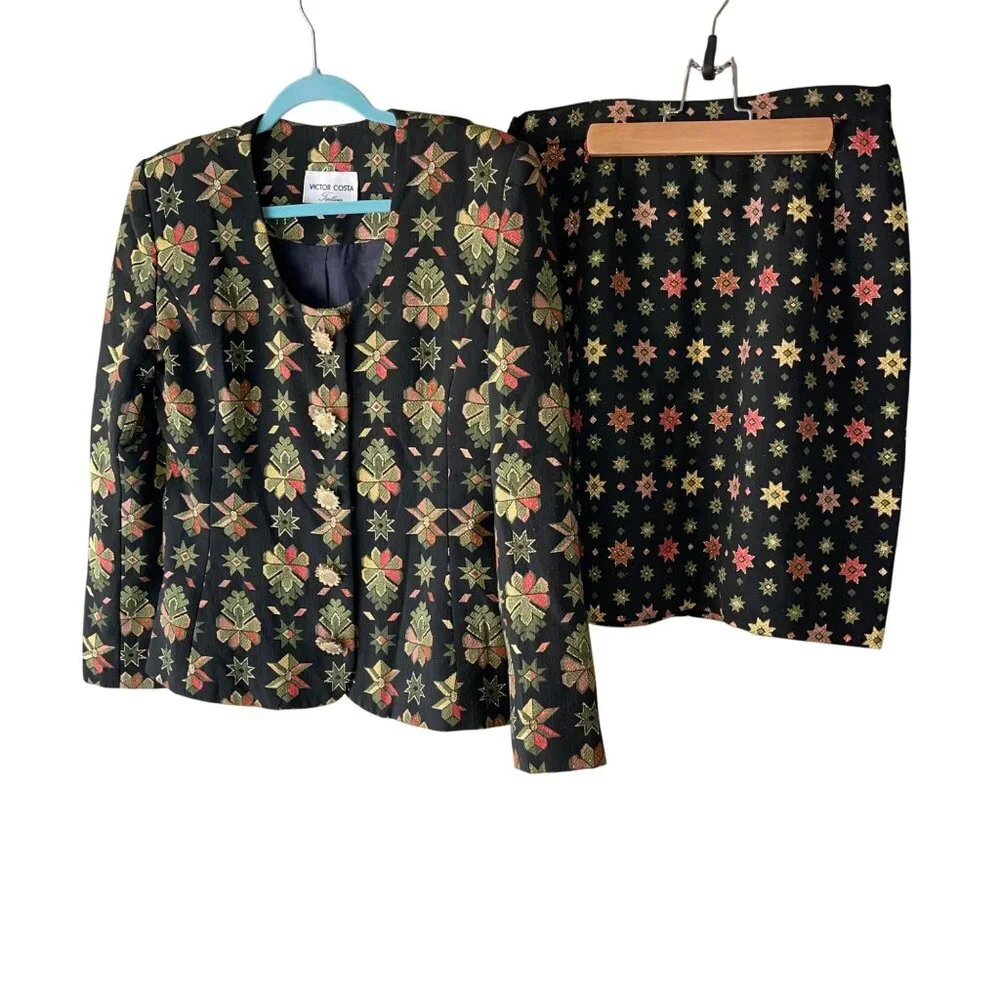Victor Costa Vintage Womens Skirt Suit Size 10 Multicolor Brocade Star Print - Picture 7 of 16